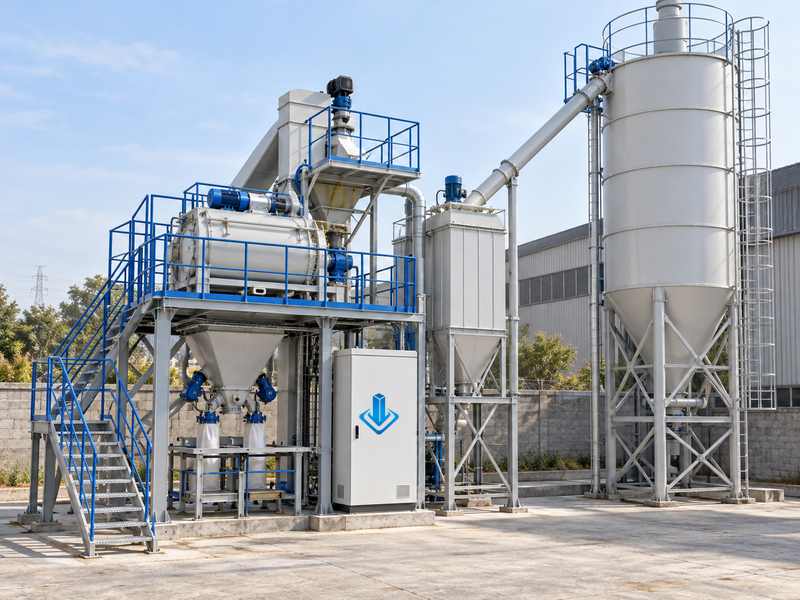 Linha de argamassa seca de 5 a 10 t/h com plataforma de proteção azul
